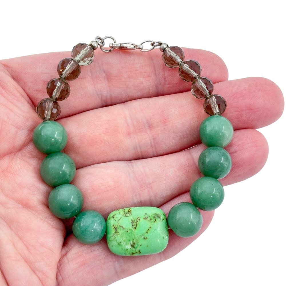 Vintage Sterling Silver 925 Jade Green Turquoise Crystal Bracelet 7.5"